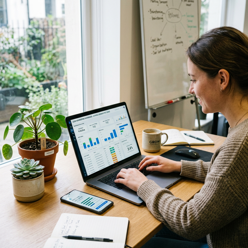 Woman using laptop with data charts and graphs on screen at home desk